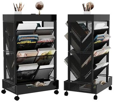 UMDONX Mobiles Bücherregal mit Rad 6 Ebenen Metall Rollwagen, Kinder Bücherwagen Büroregal Zeitschriftenständer Abnehmbarer Aufbewahrungs Organizer Großer Kapazität (Schwarz)