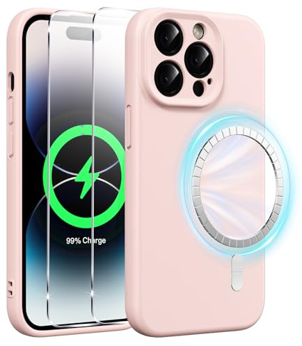 Xiltlly Coque Magnétique en Silicone pour iPhone 14 Pro Max 6,7 Pouces avec 2 Verre Trempé,Compatible avec MagSafe Aimants Intégrés,Étui Housse Antichoc Anti-Rayures Case pour iPhone 14 Pro Max,Rose