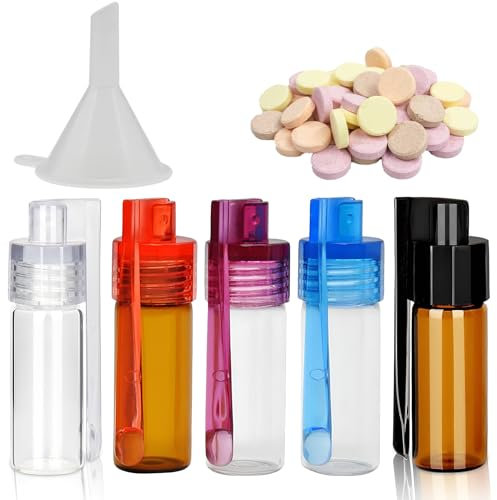 5 Stücke 51 mm Dosierer Pulver,Gewürzpulver Werkzeug mit Löffel,Glasflasche,Integrierte Tragbare Aufbewahrungsflasche,Bullet Glas kleine Aufbewahrungsflasche mit Mikrotrichter,für Outdoor, Reisen