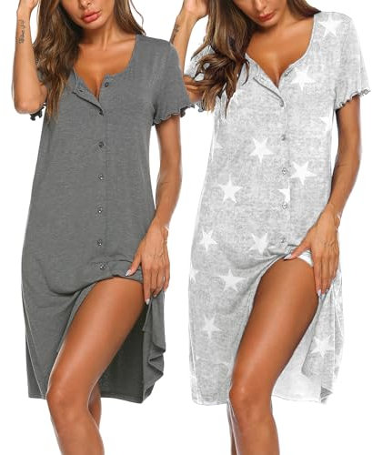 Ekouaer Nightdresses for Women Summer Ladies Nighties Button Front Nightshirts Nightwear Short Sleeve 2 Pack, Grey + Star L