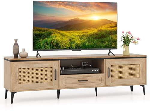 COSTWAY Meuble TV Bois, Meuble Tele pour 65 avec Tiroir, 2 Armoires à Porte, Meuble TV 150 cm avec Trou pour Câbles pour Salon, Chambre