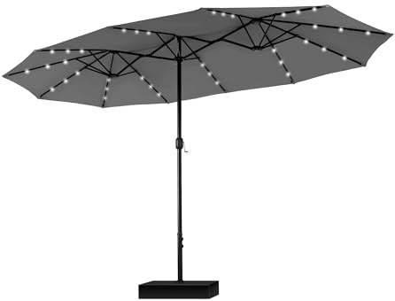 PHI VILLA Sonnenschirm Rechteckig mit Ständer Groß 450×270cm für Garten Terrasse Gartenschirm mit LED Kurbel UV Schutz Parasol Windfest, Hellgrau