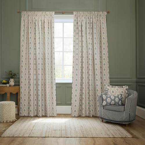 Sanderson Sessile Leaf Room Darkening Pencil Pleat Curtain Pair – Lined Botanical Oak Leaf Drapes (Flax - 229x183cm)