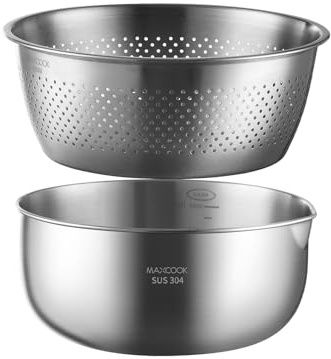 MAXCOOK 18/8 Edelstahl-Siebschüssel-Set, 2-teiliges multifunktionales Sieb mit Rührschüssel, Reisspülschüssel, Metallspülschüssel mit Sieb, spülmaschinenfest (19 cm/7,48, 2,7 QT)