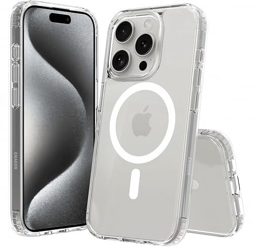 EMAGON CrystalShield Hülle für iPhone 15 Pro, MagSafe-kompatibel, Klar | PC+TPU-Hybridmaterial mit N52-Magnetring, Anti-Yellowing-Schutz, stoßdämpfenden Ecken und erhöhten Kanten