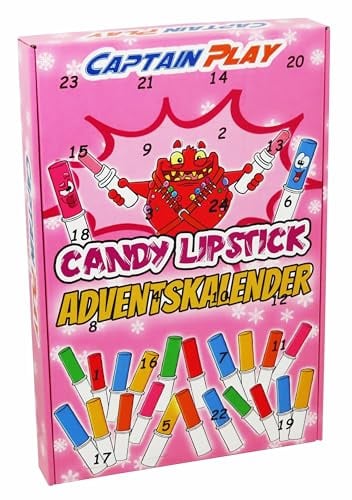 CAPTAIN PLAY Candy Lipstick Adventskalender 2025 mit 24 Süßwaren Lippenstift einzeln verpackt, 120g