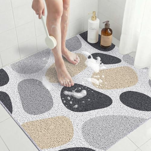 Tapis Anti-dérapant Douche Carré 80x80 cm, Tapis de Bain PVC Luffa Évacuation Rapide, Salle de Bain, Fond de Douche, Confortable, Facile à Nettoyer, sans Odeur, Personnes Âgées, Pierre Grise