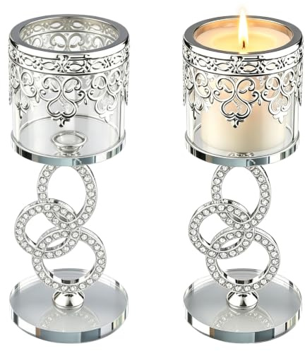 2 Stück Kerzenständer Silber, Silberne Votivkerzenhalter mit Glaseinsatz und Strass-Sockel (3 Ringe), Teelichthalter mit Spiegelfuß – Deko für Hochzeitstische, Regale oder Eingangsbereiche