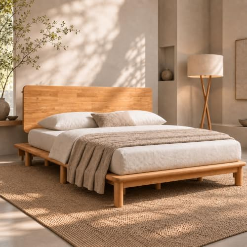FLEXISPOT Solid Wood Bed Frame, RUBBERWOOD, Tool-Free Assembly, Platform Bed Low Profile Floating, Storage Shelf, Modern Scandinavian Japanese Minimalist, Heavy Duty, Natural Oak（HAKO G1