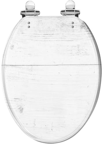 Elongated Resin Toilet Seat with Cover, White Plywood Textured Wood, Old Grunge Dark Grain Wall, Slow Quiet Close, Quick-Release Hinges, Easy to Clean & Install