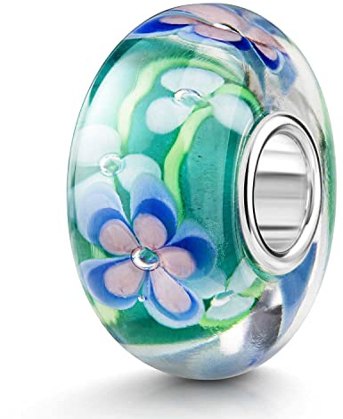 MATERIA by Matthias Wagner Glas Bead Anhänger blau grün mit Blumen für European Beads Armband 1485