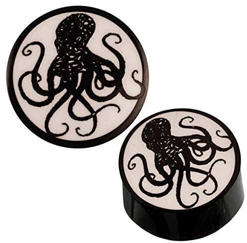 Chic-Net Black Horn Plug glänzend weißes Bone Inlay Tintenfisch Oktopus Tribal Expander 18 mm