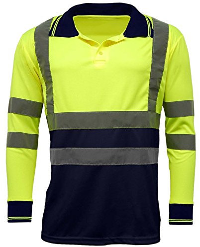 MyShoeStore Hi Viz Vis High Visibility Polo Shirt Reflective Tape Safety Security Work Button T-Shirt Breathable Lightweight Double Tape Workwear Top (Yellow/Navy Long Sleeve, XL)