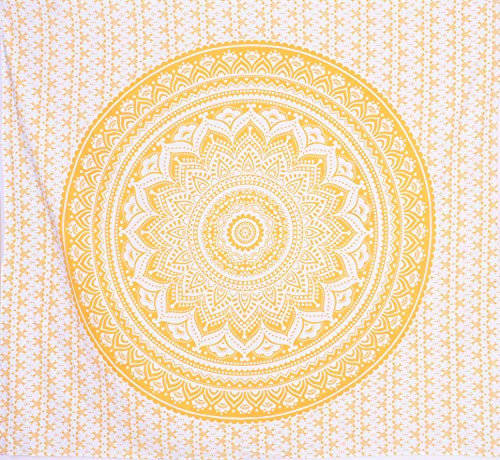 Hippie-Mandala, schöne handgefertigte Tagesdecke, Wanddekoration, Queensize-Tapisserie (gelber Ombre, 218,4 x 238,8 cm)