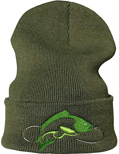 Baddery: Angler Mütze - Karpfen - Angel Geschenke für Männer & Frauen - Herren Strickmütze Anglerhut - Angeln Zubehör (One Size - Grün)