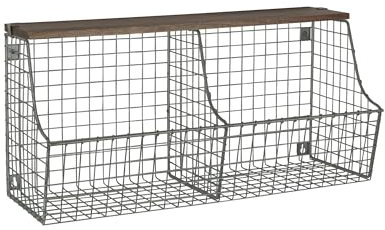 Spectrum Diversified Vintage Double Bin with Wood Storage Wall-Mounted Wire Basket & Wood Shelf, Farmhouse Style Entryway Storage & Organization, Industrial Gray