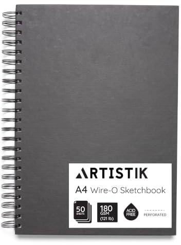 ARTISTIK A4 Sketchbook – Wire-O Portrait Drawing Pad with 180gsm Acid-Free Cartridge Paper – Perforated Mixed Media Sketch Book with Cloth Cover – 100 Pages (50 Sheets)