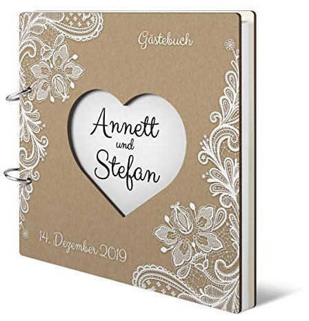 Hochzeit Gästebuch Holzcover 215 x 215 mm 144 Naturpapier Innenseiten personalisiert lasergeschnitten - Rustikal Kraftpapier