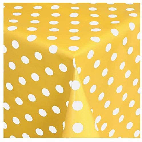 KEVKUS Wachstuch Tischdecke Meterware 01150-10 Punkte gelb Polka dot Größe wählbar in eckig rund oval mit Paspel Borte Schnittkante (Borte (gehäkelte Bordüre), 140 x 220 cm oval)
