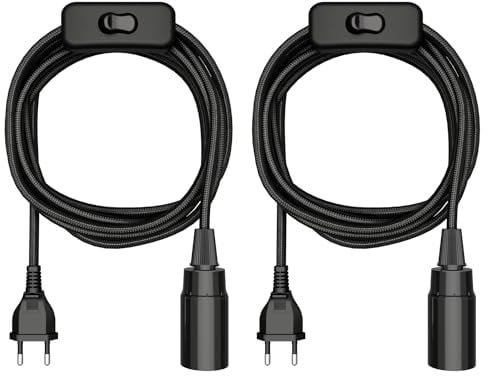 ledscom.de 2 Stück Textilkabel LEHA, Stecker, Schalter, schwarz, 3 m, Lampen-Fassung, 1x E14 max. 60W