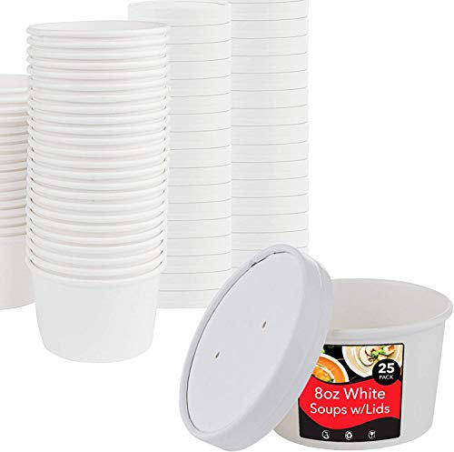 25 x White Disposable Soup Ice Cream Container [25 Pack, 12oz] Compostable Biodegradable Kraft Takeaway Paper Bowl Containers, Cardboard Round Deli Tubs Lids Heavy Duty Sizes: 8oz 12oz 16oz 26oz 32oz