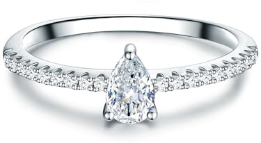 Trilani Damen Solitärring aus 925/- Sterling Silber mit Zirkonia im Brillantschliff Tropfenförmig Verlobungsring Antragsring