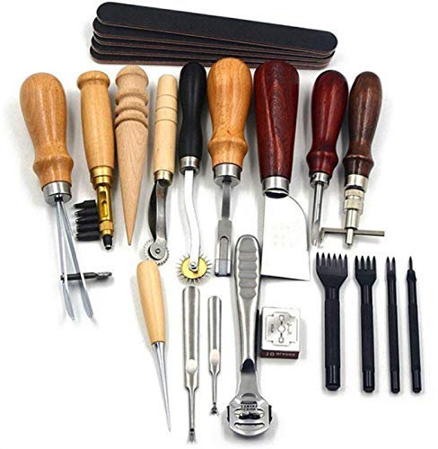 Kit de herramientas de cuero de 19 piezas, juego de perforadores de cuero, herramientas y suministros de trabajo de cuero, herramientas para manualidades de cuero para el juego de estampado básico