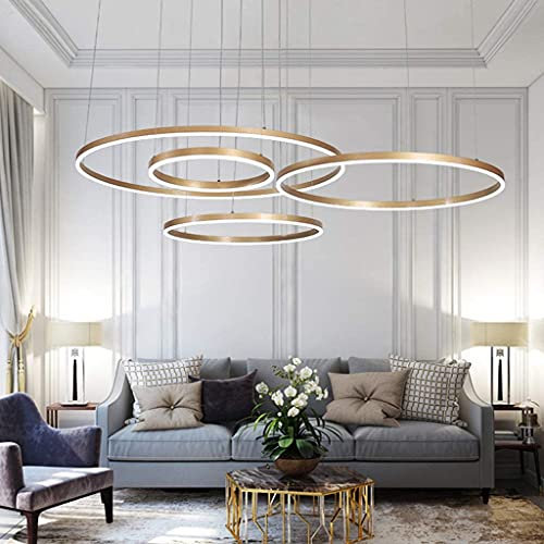 LED Pendelleuchte Wohnzimmerlamp Höhenverstellbar Kronleuchter Dimmbar mit Fernbedienung Hängeleuchte Esstisch Pendellampe Metall ring Acryl Deckenleuchte Esszimmer Hängelampe Küchen,Gold,4 rings
