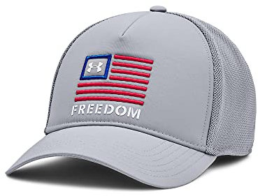 Under Armour Men's Standard Freedom Trucker Hat, (037) Steel/Steel/Red, One Size Fits All