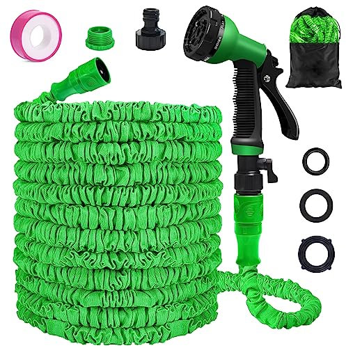 Tubo da giardino espandibile da 1,5 m, con adattatore per tubo da 1,9 cm, pistola a spruzzo a 8 funzioni, a prova di perdite, leggero, per irrigazione e pulizia del giardino (verde, 15 m)