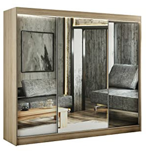 ALTDECOR Kleiderschrank mit Spiegel und Schiebetüren, kugelgelagerte Führungsschienen und Aluminium-Leisten, LED-Beleuchtung (weiß + 16 Farben) und Fernbedienung - AMOHA - 250 cm Sonoma Eiche