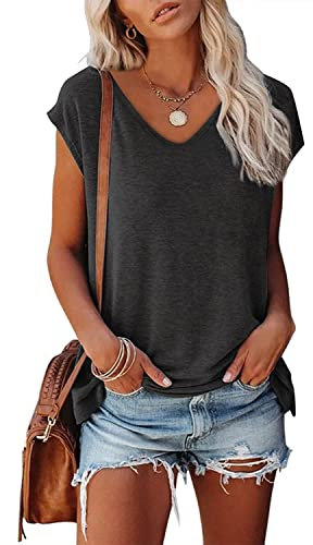 NEYOUQE Damen Tshirt Cap-Hülsen-Tanktops Kurzarm U-Ausschnitt Einfarbiges Kurzarm-T-Shirt für Damen Beliebten Pullover Basic Shirt Einfarbig Tops Bekleidung Damen Schwarz XXL 50-52