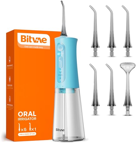 Irrigador Bucal Portatil, Bitvae Irrigador Dental con 6 Boquillas y 3 Modos, Profesional Limpieza Dental, IPX7 Impermeable,USB Recargable Irrigador Dental para Viajar y Uso Doméstico, AzulClaro