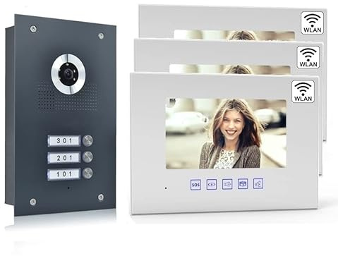 MATHFEL Videocitofono IP a 2 fili, 3 case familiari, monitor da 7 con o senza Wi-Fi, stazione esterna in antracite, dimensioni: monitor da 3 x 7 con interfaccia WLAN