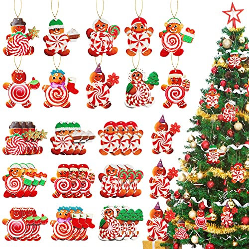 Weihnachtsbaumschmuck, Pfefferminz, Holzornamente, bunte Süßigkeiten, runde Lutscher, Donut, Lebkuchenholz, Ornamente für Süßigkeiten, Weihnachtsbaum-Dekoration (30 Stück, reiner Lebkuchen-Stil)