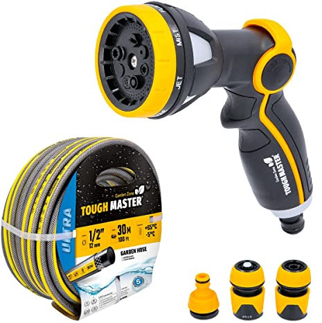 Garden Hose Heavy Duty Layer Flexible Reinforcement UV & Algae Resistant Hose Pipe for Garden, Pressure Washer, Garden Water Features TOUGH MASTER (100FT + Spray Gun)