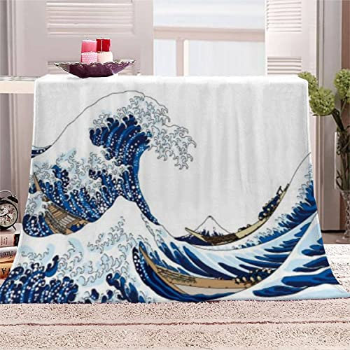 VIROGE Japan Große Wellen Kuscheldecke 150x200 cm Flanell Decke Extra Weich Flauschige Wohndecke Berg Fuji mit Muster Blanket Fleecedecke Waschbar Microfaser Sofadecke Couchdecke bettüberwurf