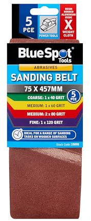 Blue Spot Tools 5 PCE Mixed Grit 75 X 457MM Sanding Belt (40, 60, 80, 120 Grit)