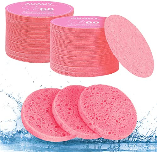 AUAUY 60Pz Spugnette Viso Pulizia, Viso Compressa Spugna, Rotondo, Rosa | Spugna per la Rimozione del Trucco, Esfoliante