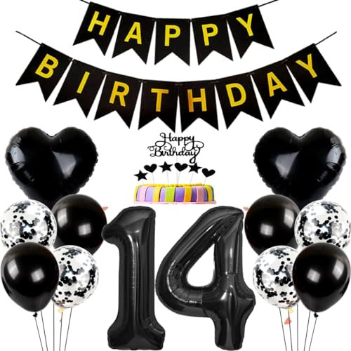 Conruich Geburtstagsdeko 14 Jahre Junge, Ballon 14. Geburtstag Deko Junge, Tortendeko Geburtstag 14 Jahre Mädchen, Folienballon Zahl 14 Schwarz, Happy Birthday Banner für 14 Jahr Geburtstag Party Deko