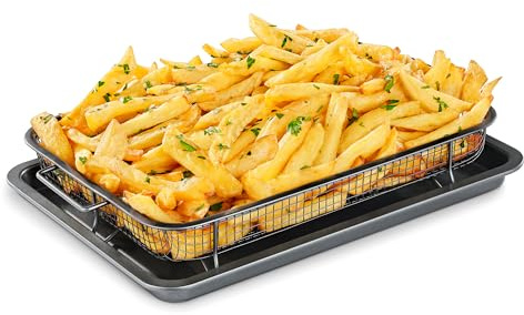 Bakken- Swiss Air Fryer Tray, 2 in 1 Nonstick Crisper Air Fry Basket w/Elevated Mesh Great for Oven, Dishwasher Safe – Ceramic Coating PTFE/PFOA/PFOS Free Extra-Large (9.5x13, Gray)