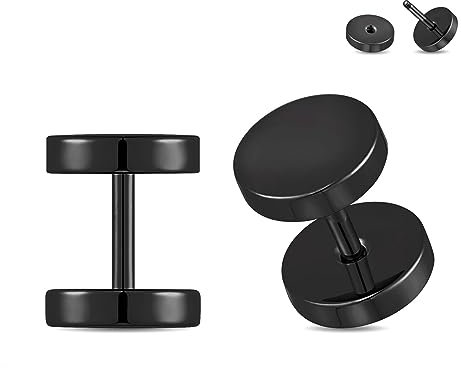 Longbeauty 1 Paar 16G (1,2MM) G23 Titan Ohrstecker Fake Plugs Ohr Tunnel Gauges Herren Damen Unisex Kreis Punkstil Ohr-Piercing Ohrringe, Schwarz, 8MM