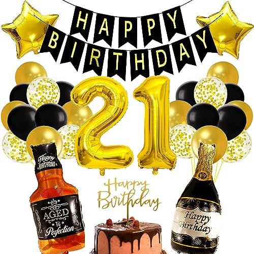 Conruich Birthday Decoration 21 Years Man Woman, Balloon 21st Birthday Decoration Man, Foil Balloon Number 21 Gold, Helium Balloon Whiskey Beer Glass for 21st Birthday Man Party Decoration