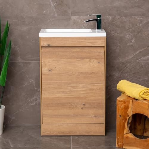 Ochil Wood Effect Floor Standing Cloakroom Vanity Unit With Polymarble Basin Sink Soft Close Door Bathroom Unit – Natural Oak - 550mm