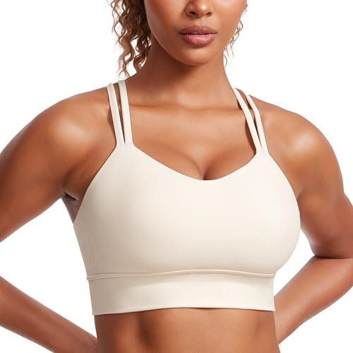 CRZ YOGA Butterluxe Women's Strappy Sports Bra Molded Cup Criss Cross Yoga Bra Padded Longline Workout Crop Top White Apricot M