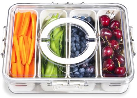 YFUIF Tragbares Obsttablett für Picknick-Partys, 4 Fächer, Kühlschrank, Lebensmittel, Gemüse, Gewürze, aufgeteilt, zum Servieren, Konservieren, Aufbewahrungsbehälter, Küche, transparent, Snackbox,