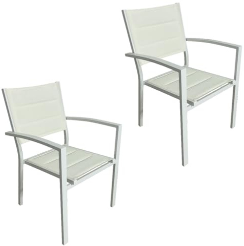 MOMMA HOME 2 Stühle, Terrasse, für den Außenbereich, Stühle für den Außenbereich, gepolsterte Stühle mit Armlehnen, Textiline und Aluminium, Weiß, Maße 87,5 x 56,5 x 57,5 cm