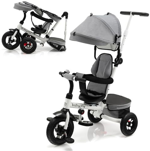 GOPLUS 7 in 1 Kinder Dreirad, Klappbares Kinderdreirad mit verstellbarem Sonnendach und Schiebegriff, drehbarem Sitz, Sicherheitsgurt, Laufrad mit Aufbewahrung für Kinder 1-5 Jahre(Grau)