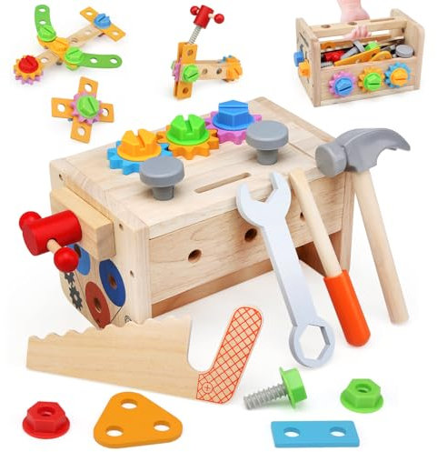 JoyLife Attrezzi in Legno Bambini Montessori Giochi, 38 Pezzi Cassetta con degli Attrezzi,Giochi in Legno Cassetta Giocattolo Educativi Regalo Bimbo 2 3 4 Anni Attrezzi Giocattolo Bambini