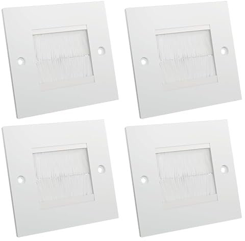 rhinocables Single Gang Brush Faceplate | HDMI Management Wall Entry Cover | Outlet Concealer for Tidying TV & Multimedia Cables, Ideal in Home and Office Setups (White Brush, 4 Pack)
